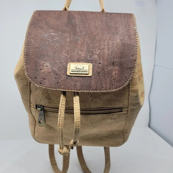 Montado Vegan Cork Backpack Two Toned Tan Brown Taco Flap Minimalist Western - Picture 4 of 12